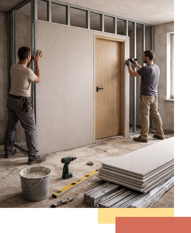 Перегородка из гипсокартона с дверью под ключ в Иваново