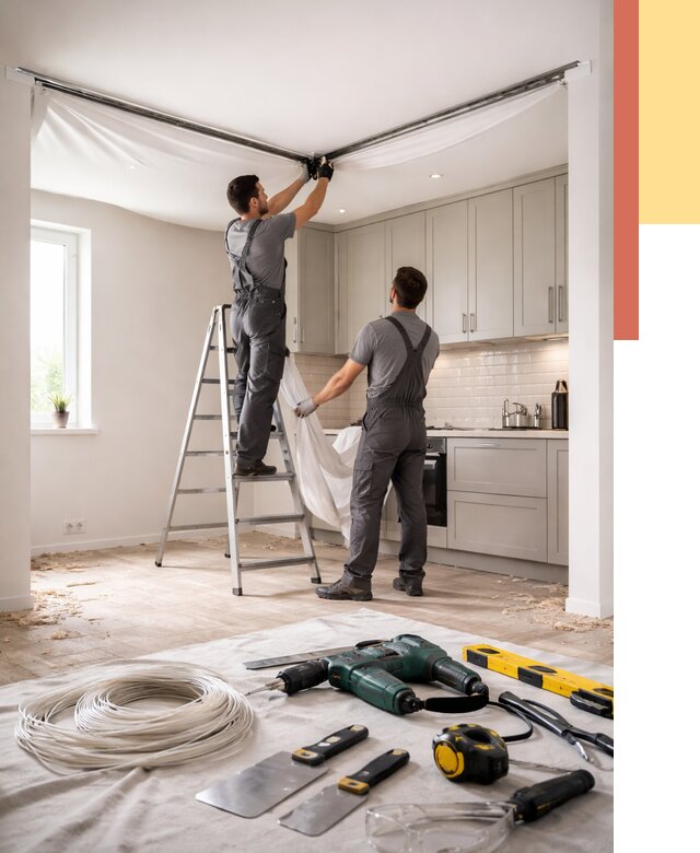 Установка натяжного потолка на кухне в Иваново от 2480 руб. | ОТДЕЛОЧНИК-Внв